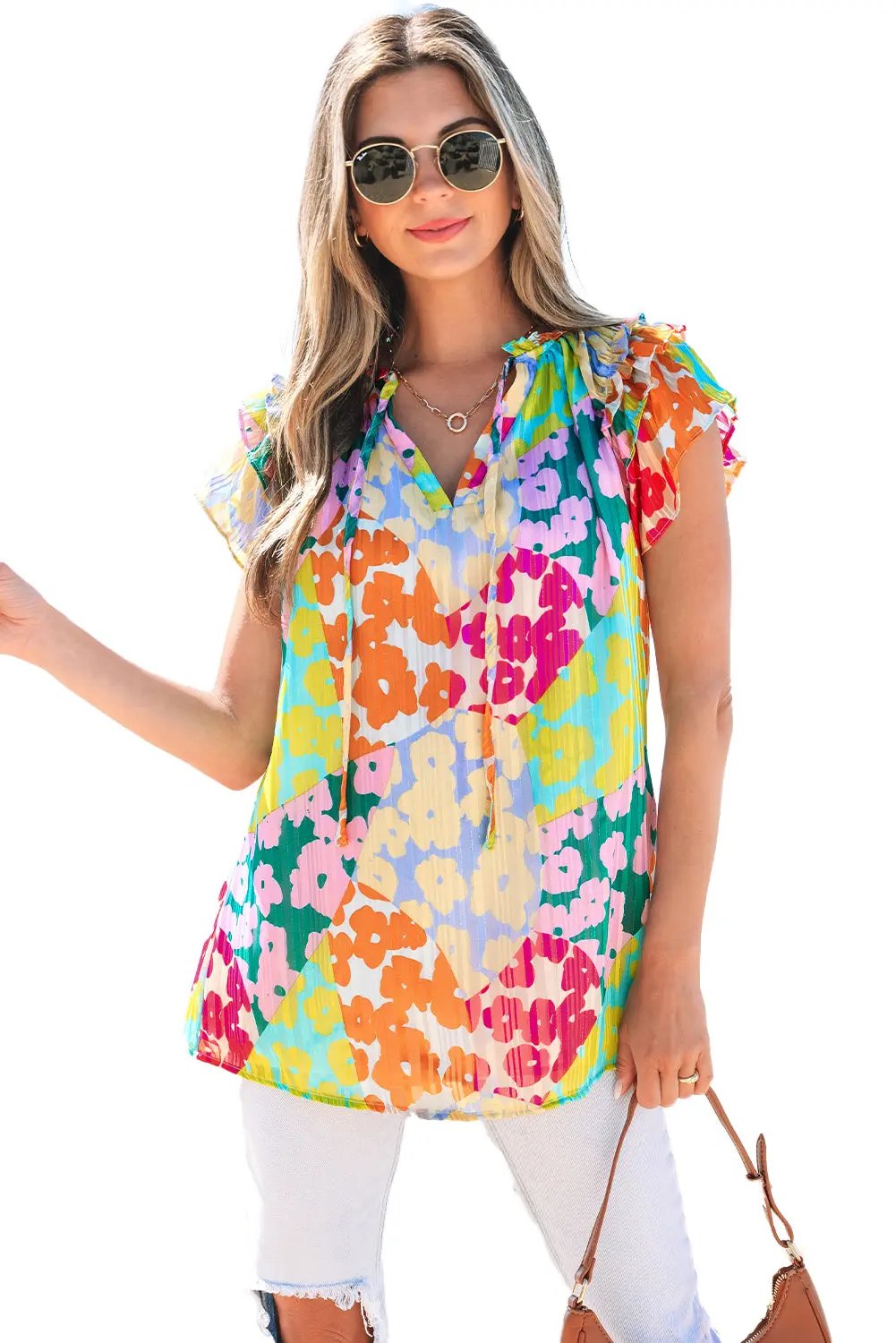 Multicolour Leopard Flutter Sleeve V Neck Crinkled Blouse - Love Salve